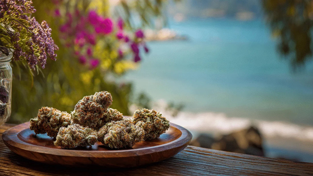 Cannabis flower on wooden plate for edible safety guide - Pure Shaka