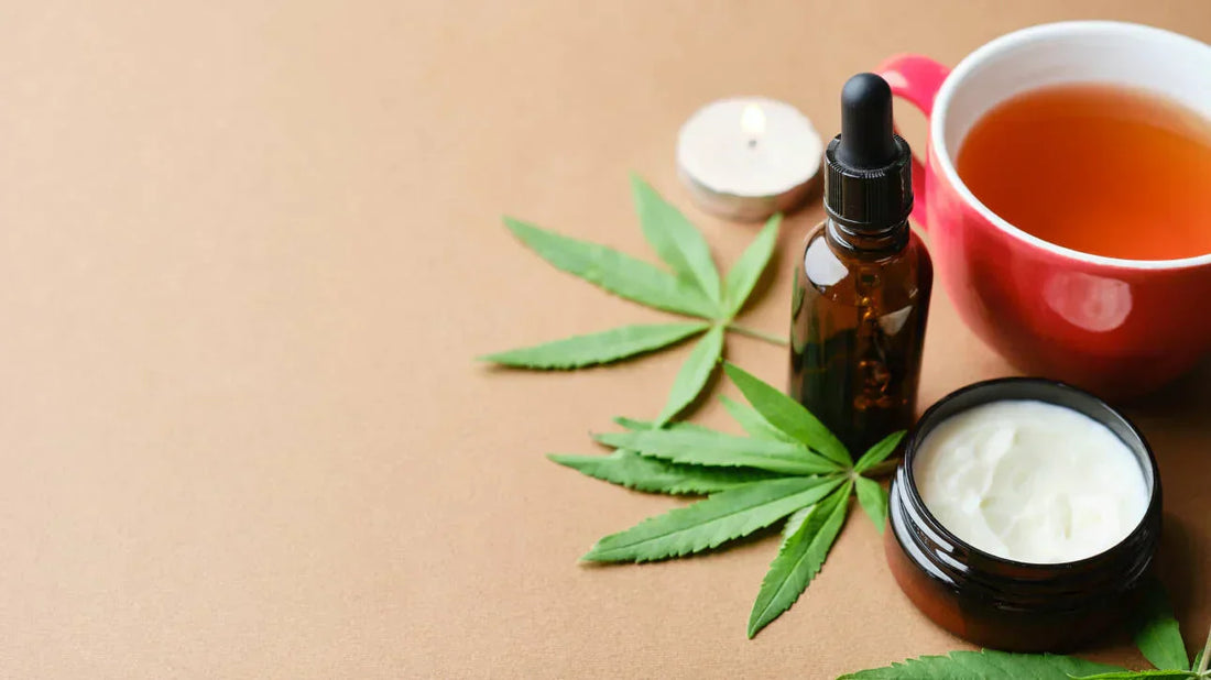 Hemp cosmetic oil and cream jar with green cannabis leaf for CBD spectrum guide