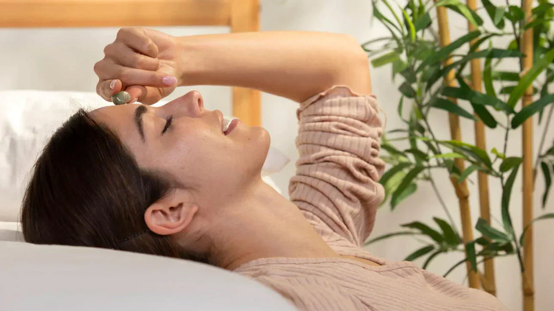 Smiling woman relaxing in bed for THCa and CBD evening wellness guide - Pure Shaka