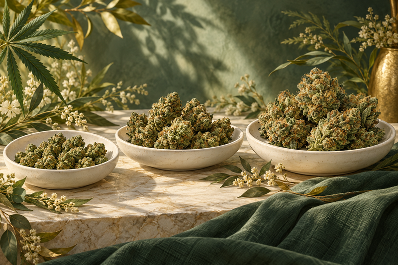 Illustration of small, medium and larger intact flower buds in three ceramic dishes