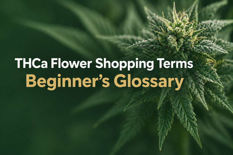THCa flower shopping terms and Beginner’s Glossary text on a green cover with flower