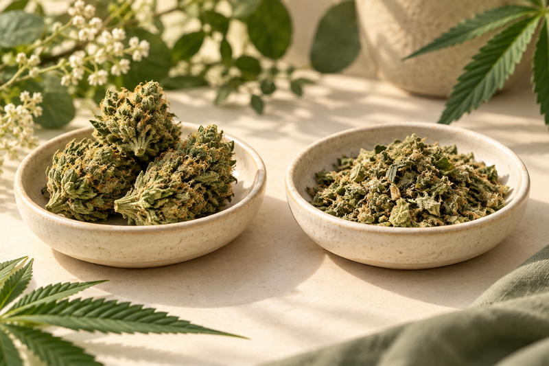 Illustration comparing intact flower buds and loose shake in two ceramic dishes