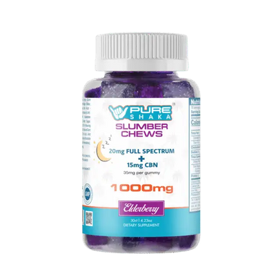 A bottle of pure shaka slumber chews, featuring a white cap and transparent body filled with purple gummy candies.