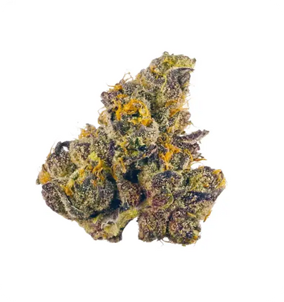 A dense, resinous cannabis bud with a mix of green, purple, and orange hues.