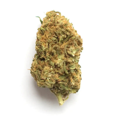 A dense, textured cannabis bud with a mix of green and amber hues.