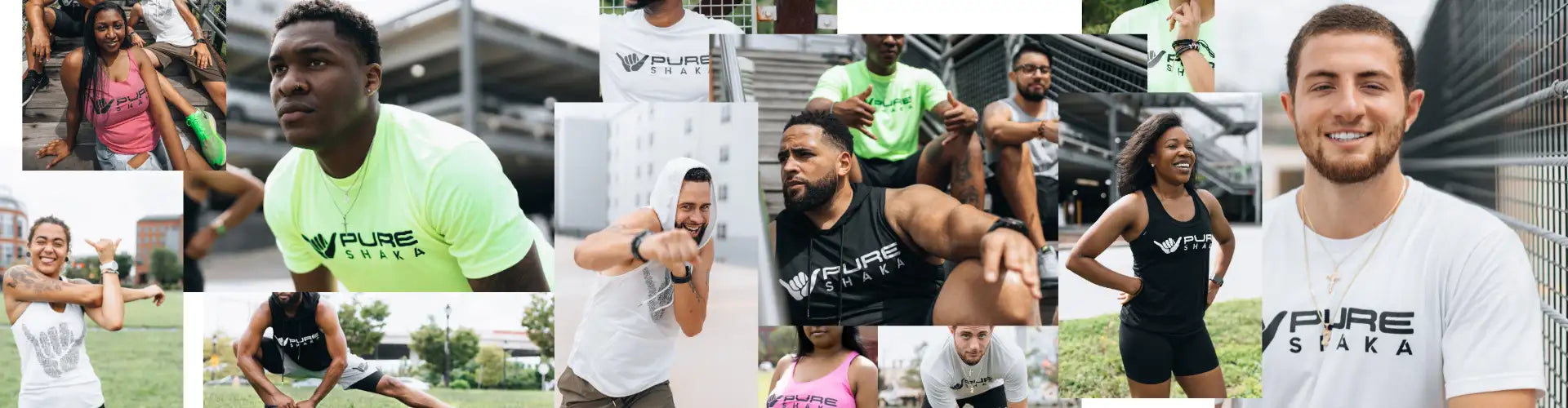 The image features a collage of individuals wearing athletic apparel with the ’pure’ brand logo prominently displayed on their shirts, shorts, and accessories.