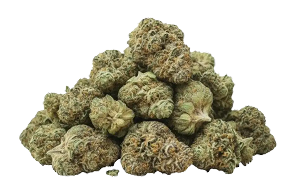 A pile of green, densely packed cannabis buds with visible trichomes and subtle hints of orange pistils.