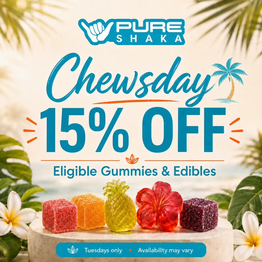 Promotional graphic for Pure Shaka with gummy candies and a beach background offer on every Tuesday

