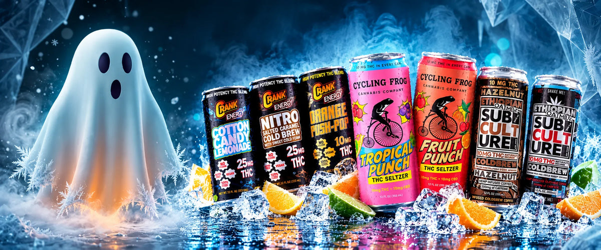 Pure Shaka ghost with Crank Energy, Cycling Frog and Subculture THC drinks on ice