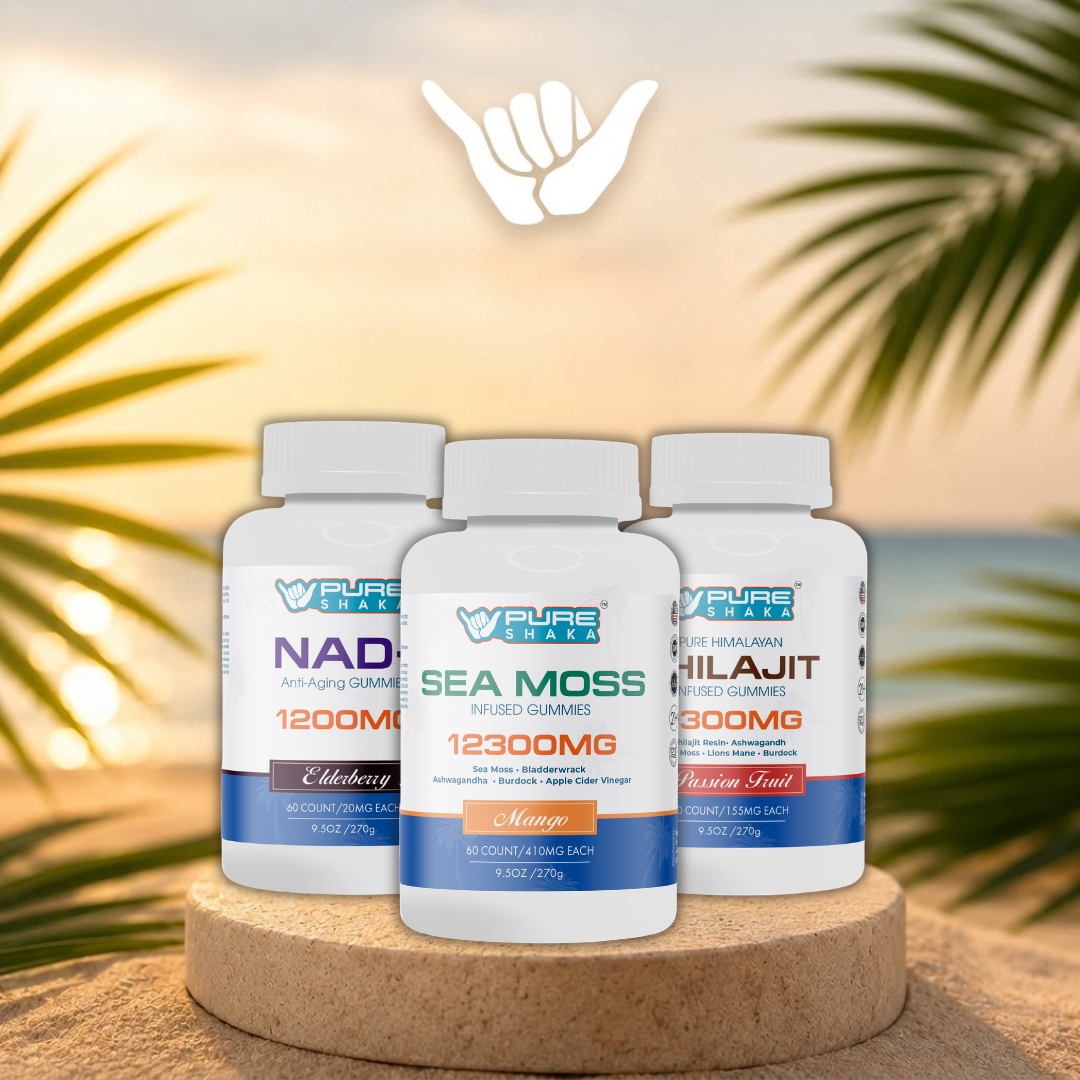 Pure Shaka Wellness Trio with NAD+, Sea Moss and Shilajit gummy bottles