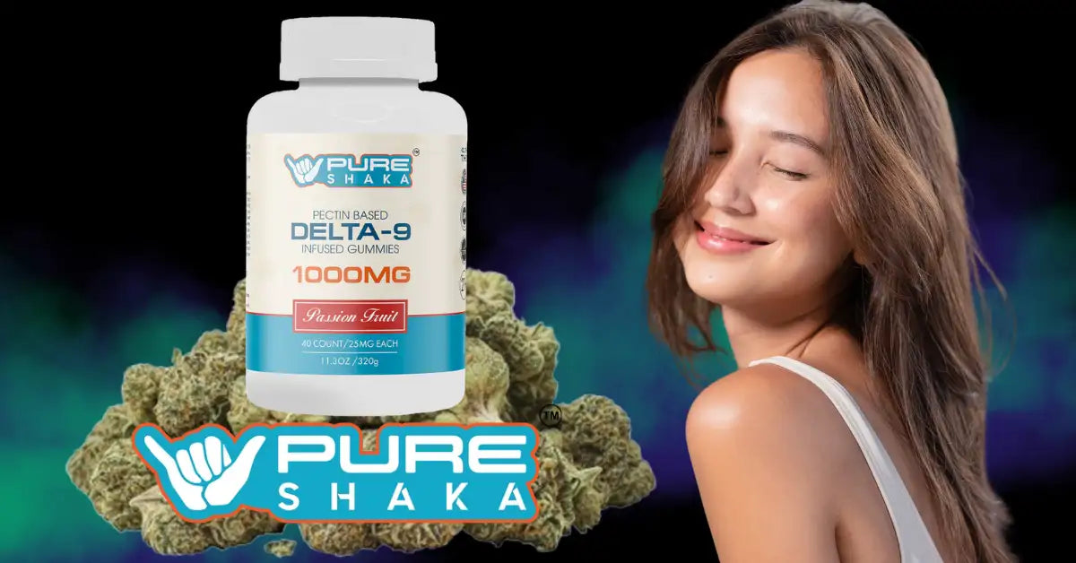 White plastic bottle of pure shaka delta-9 infused gummies in passion fruit flavor